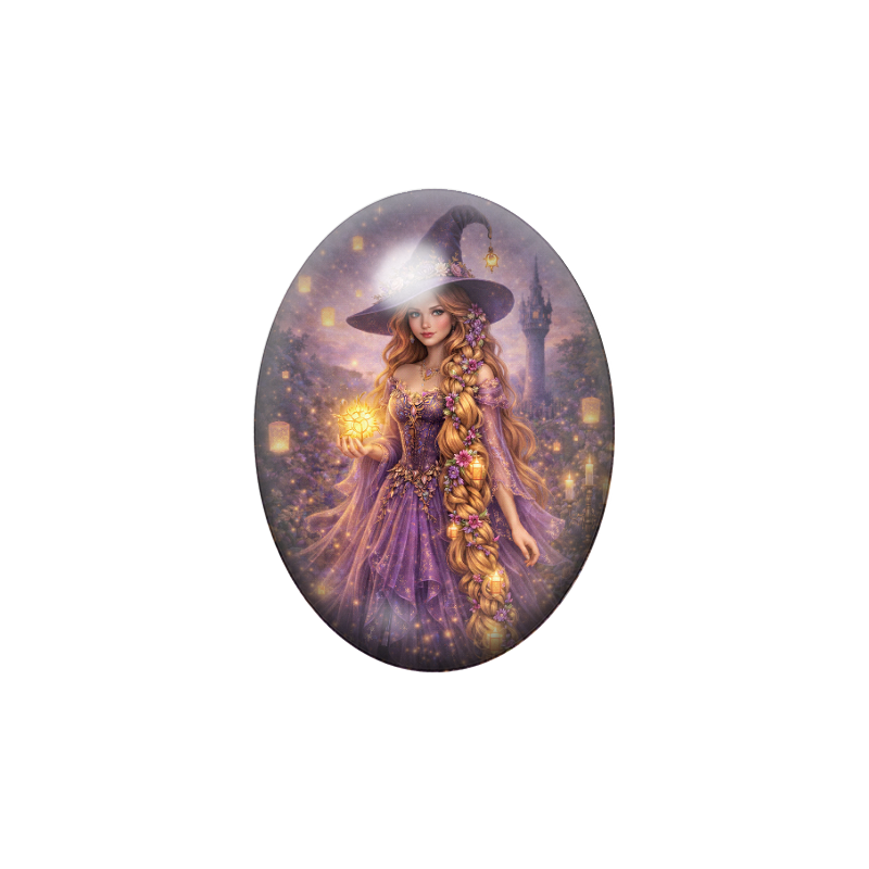Cabochon en Verre Illustré Sorcière Princesse Halloween 13x18, 18x25 ou 30x40mm
