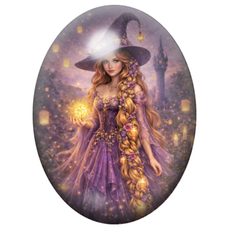 Cabochon en Verre Illustré Sorcière Princesse en Robe Violette à la Lanterne 13x18, 18x25 ou 30x40mm