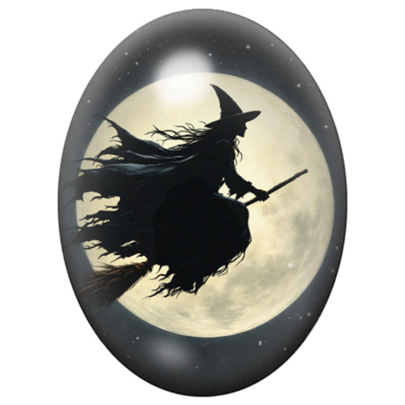 Cabochon en Verre Illustré Silhouette de Sorcière devant la Pleine Lune 13x18, 18x25 ou 30x40mm