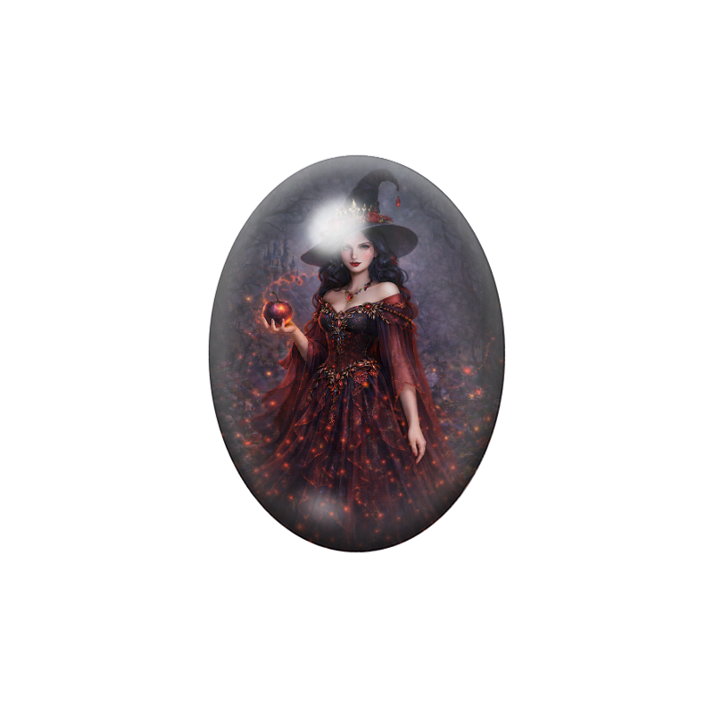 Cabochon en Verre Illustré Sorcière Princesse Halloween 13x18, 18x25 ou 30x40mm