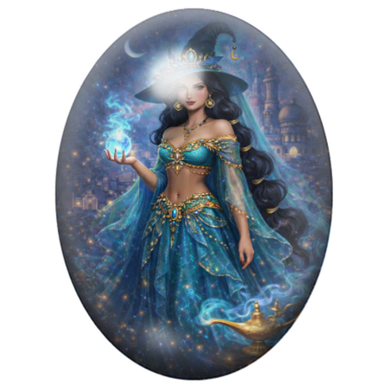 Cabochon en Verre Illustré Sorcière Princesse en Robe Bleue aux Étoiles 13x18, 18x25 ou 30x40mm
