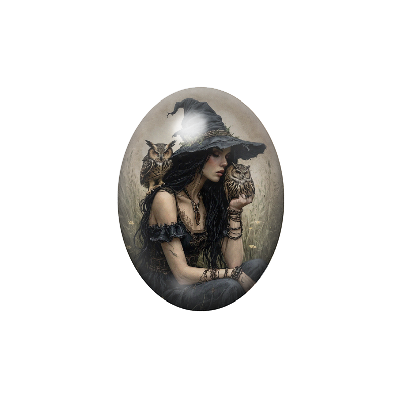 Cabochon en Verre Illustré Sorcière Halloween 13x18, 18x25 ou 30x40mm