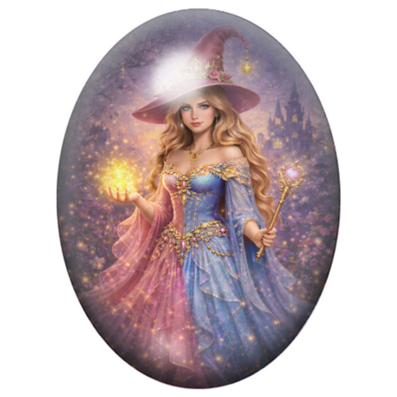 Cabochon en Verre Illustré Sorcière Princesse en Robe Bleue à la Lueur Dorée 13x18, 18x25 ou 30x40mm