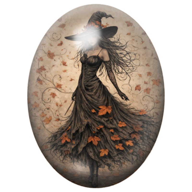 Cabochon en Verre Illustré Silhouette de Sorcière en Robe de Feuilles d’Automne 13x18, 18x25 ou 30x40mm