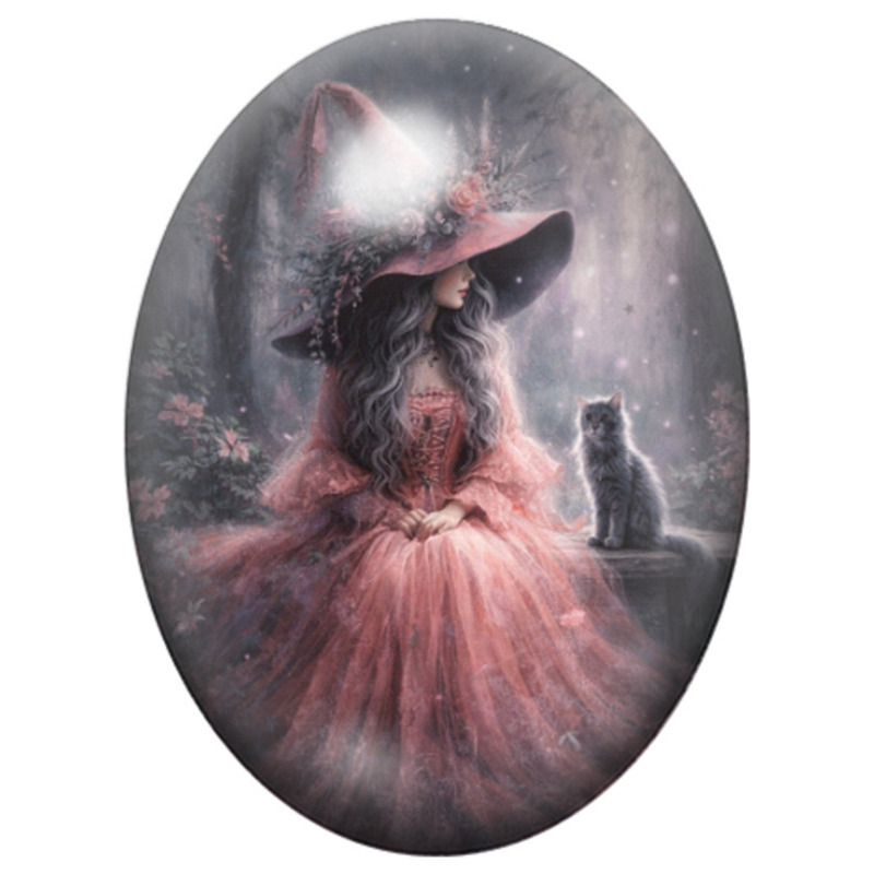 Cabochon en Verre Illustré Sorcière en Robe Rose au Chat Noir 13x18, 18x25 ou 30x40mm