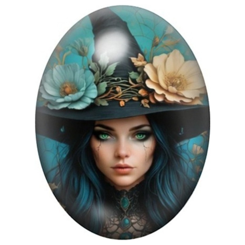 Cabochon en Verre Illustré Sorcière aux Fleurs Turquoise et Ivoire 13x18, 18x25 ou 30x40mm
