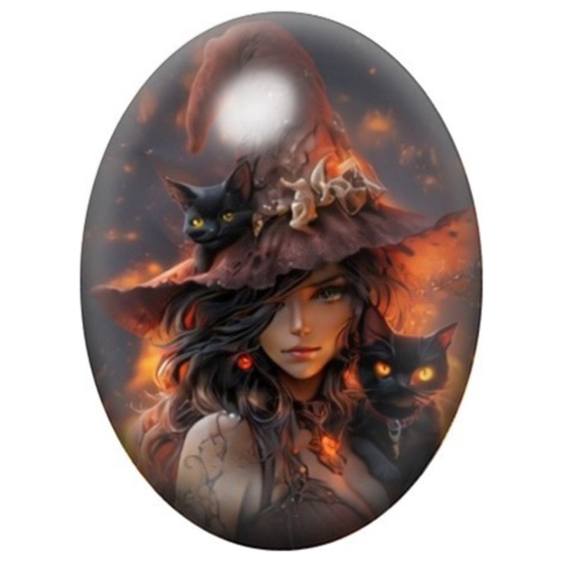 Cabochon en Verre Illustré Sorcière aux Chats Noirs et aux Citrouilles 13x18, 18x25 ou 30x40mm