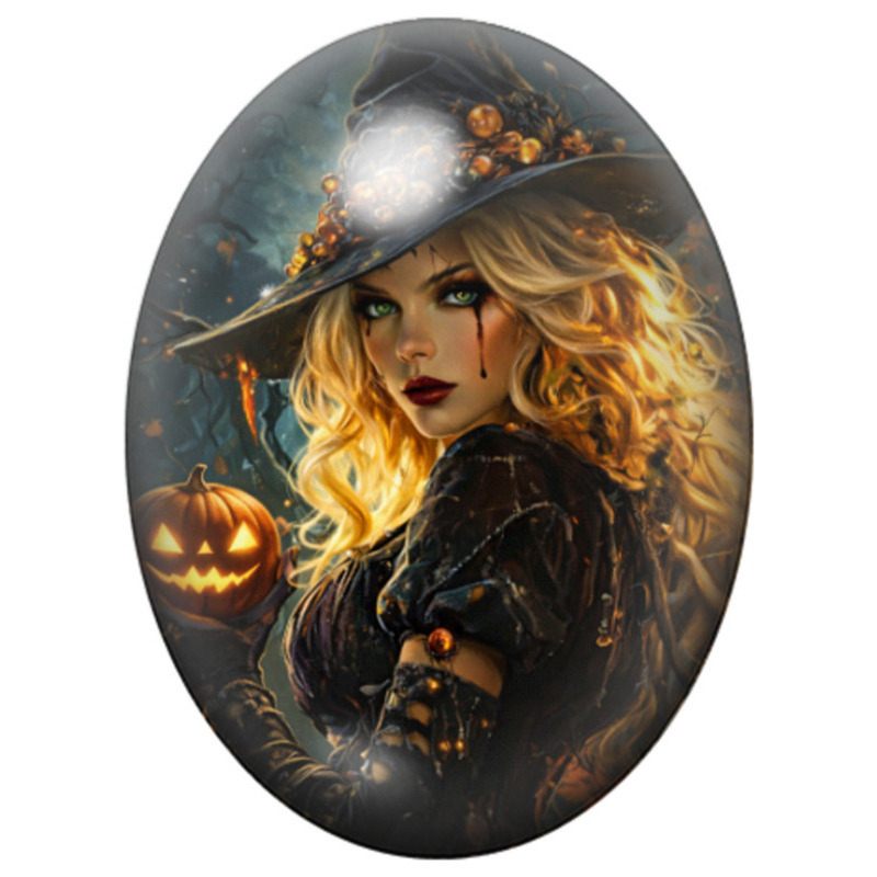 Cabochon en Verre Illustré Sorcière Blonde à la Citrouille Lumineuse 13x18, 18x25 ou 30x40mm