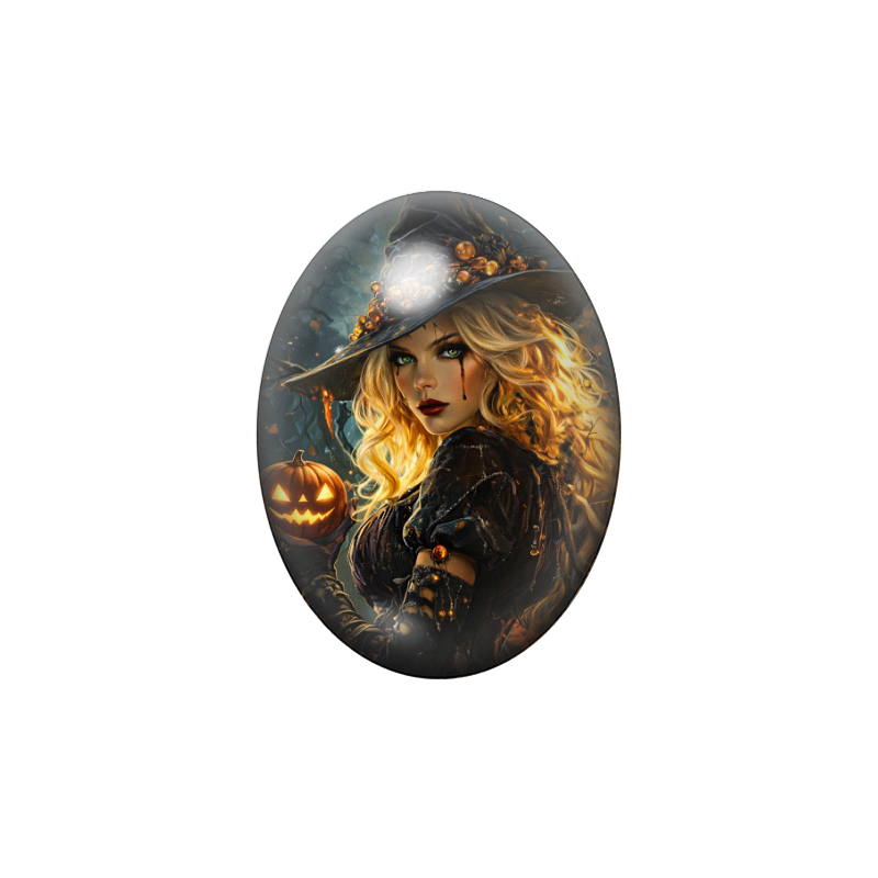 Cabochon en Verre Illustré Sorcière Halloween 13x18, 18x25 ou 30x40mm