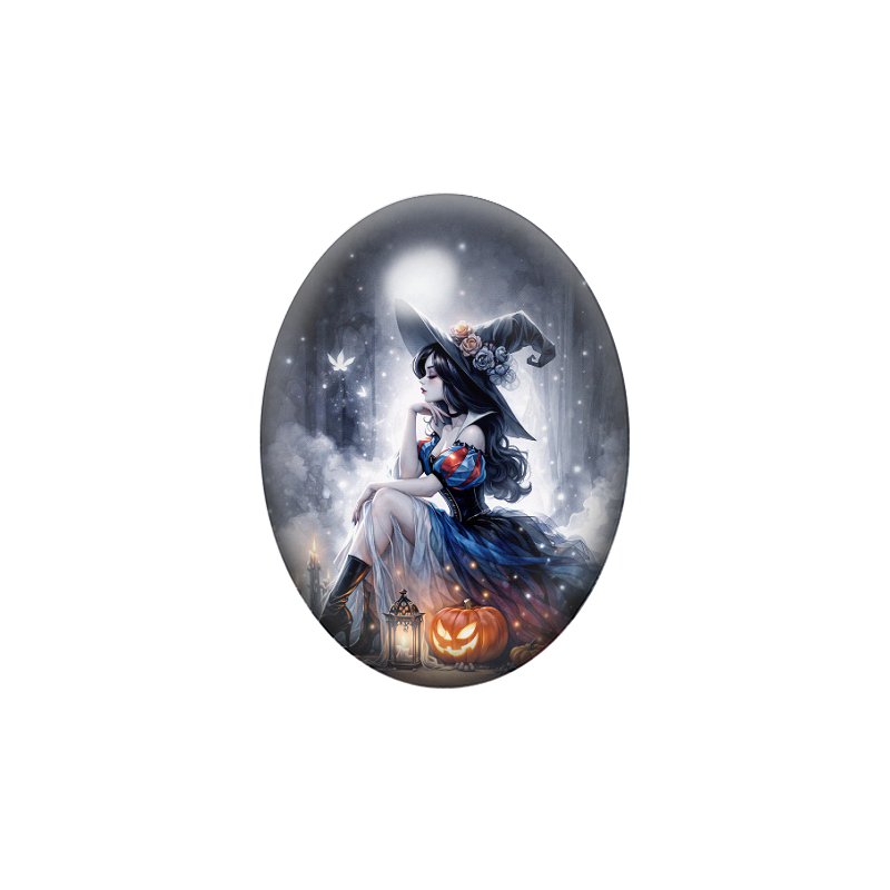 Cabochon en Verre Illustré Sorcière Halloween 13x18, 18x25 ou 30x40mm