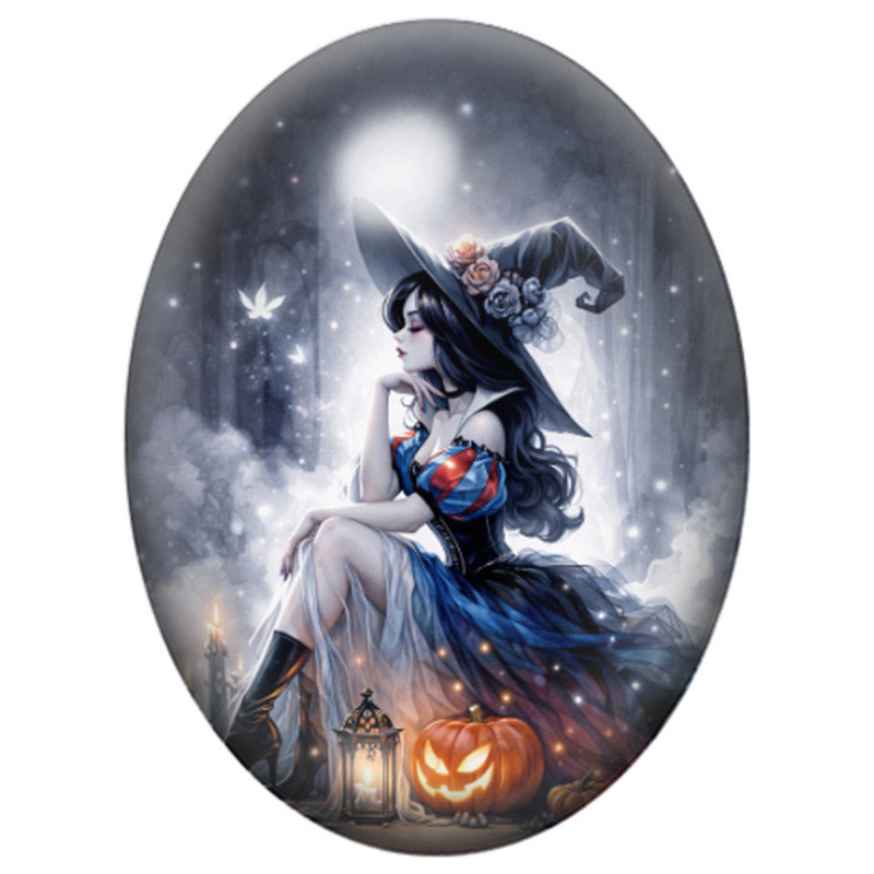 Cabochon en Verre Illustré Sorcière Princesse Assise aux Citrouilles 13x18, 18x25 ou 30x40mm