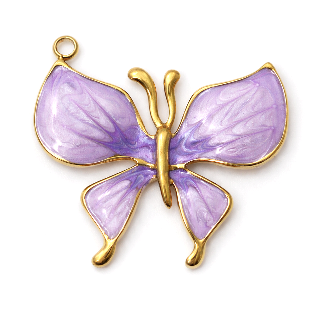 Breloque Papillon en Émail Mauve Acier Inoxydable Doré 27x25mm