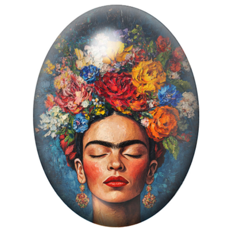 Cabochon en Verre Illustré Frida Kahlo aux Yeux Clos et Couronne de Fleurs 13x18, 18x25 ou 30x40mm