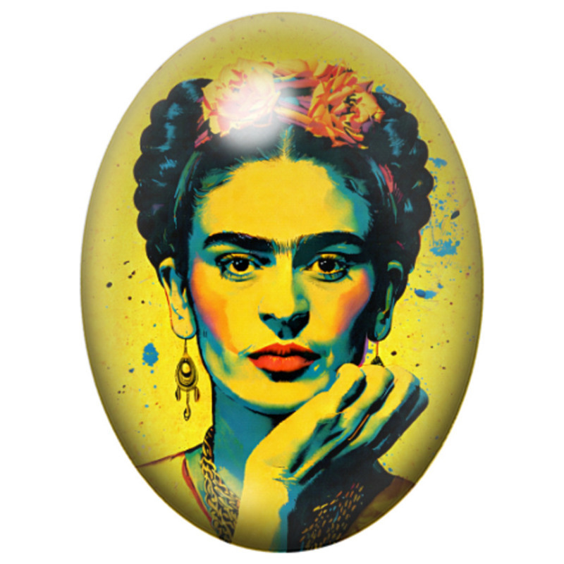Cabochon en Verre Illustré Frida Kahlo Pop Art Jaune la Main au Menton 13x18, 18x25 ou 30x40mm