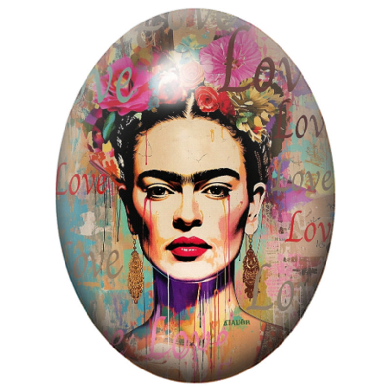 Cabochon en Verre Illustré Frida Kahlo au Collage Love et aux Roses 13x18, 18x25 ou 30x40mm