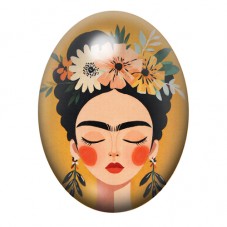 Cabochon en Verre Illustré Frida Kahlo Illustrée aux Fleurs sur Fond Ocre 13x18, 18x25 ou 30x40mm pour la création de bijoux fan