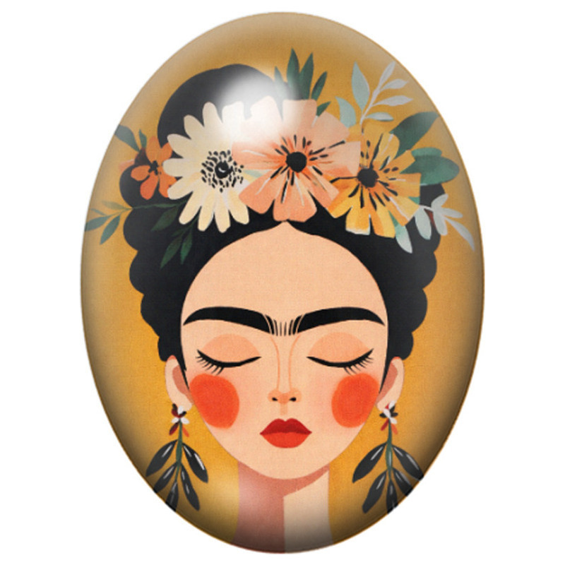 Cabochon en Verre Illustré Frida Kahlo Illustrée aux Fleurs sur Fond Ocre 13x18, 18x25 ou 30x40mm