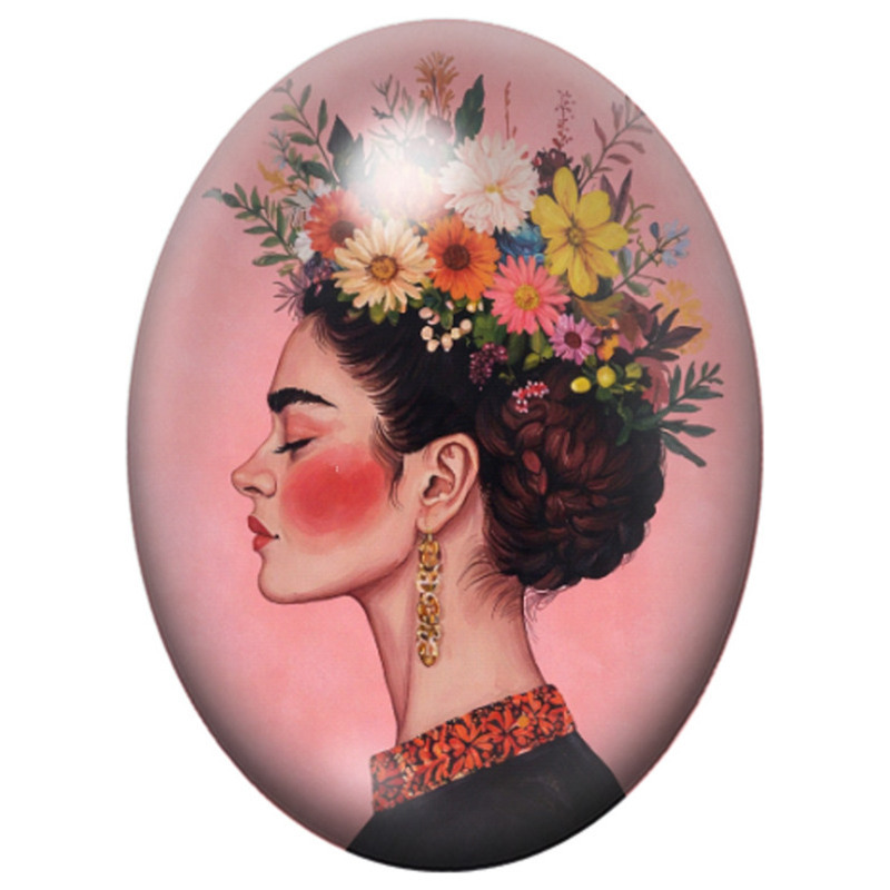 Cabochon en Verre Illustré Frida Kahlo de Profil aux Fleurs sur Fond Rose 13x18, 18x25 ou 30x40mm