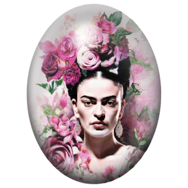 Cabochon en Verre Illustré Frida Kahlo en Noir et Blanc aux Roses Violettes 13x18, 18x25 ou 30x40mm