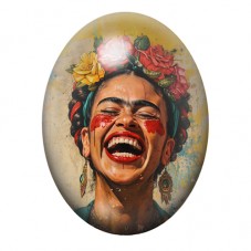 Cabochon en Verre Illustré Frida Kahlo Riant aux Fleurs 13x18, 18x25 ou 30x40mm pour la création de bijoux fantaisie - DIY