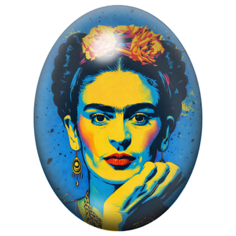 Cabochon en Verre Illustré Frida Kahlo Pop Art Bleue la Main au Menton 13x18, 18x25 ou 30x40mm