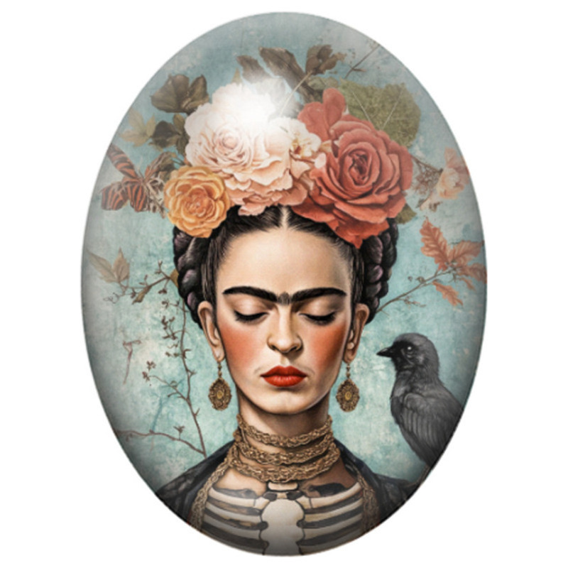 Cabochon en Verre Illustré Frida Kahlo aux Roses Poudrées et au Corbeau 13x18, 18x25 ou 30x40mm