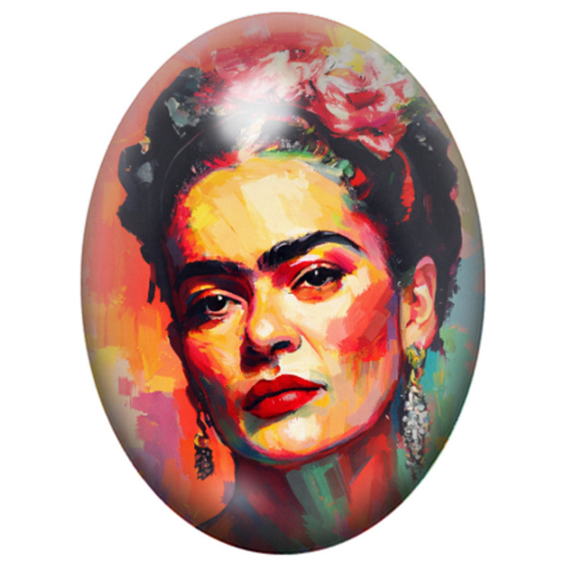 Cabochon en Verre Illustré Frida Kahlo au Portrait Rouge et Orange 13x18, 18x25 ou 30x40mm