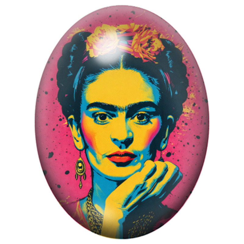Cabochon en Verre Illustré Frida Kahlo Pop Art Turquoise sur Fond Rose 13x18, 18x25 ou 30x40mm