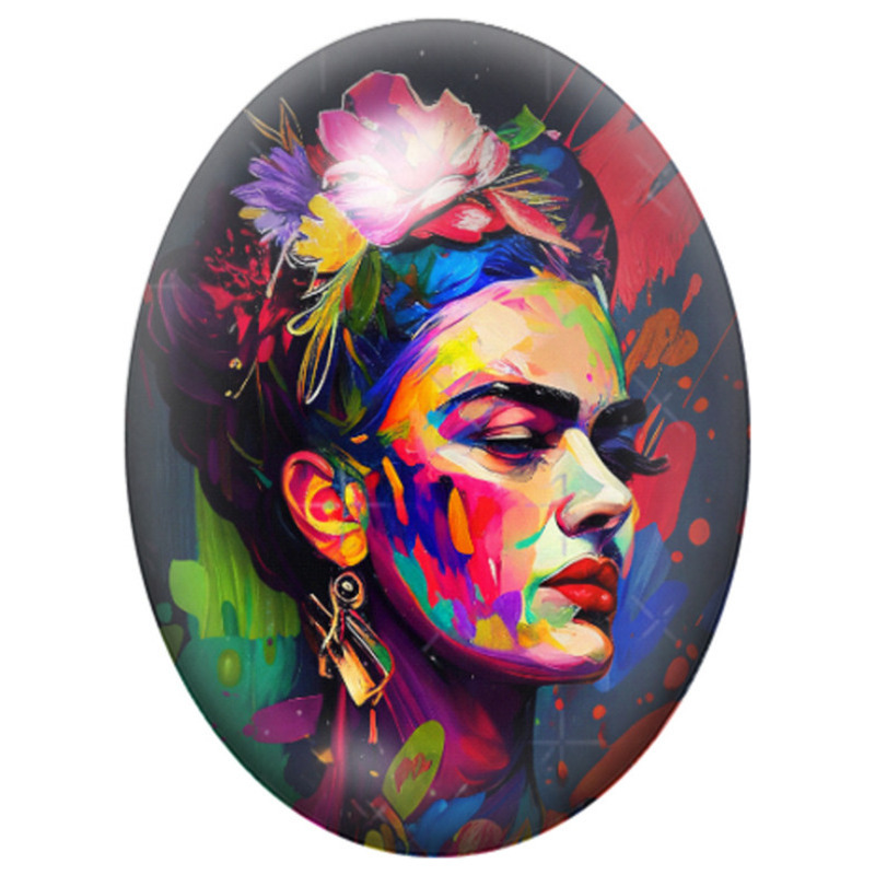 Cabochon en Verre Illustré Frida Kahlo au Portrait Néon Multicolore 13x18, 18x25 ou 30x40mm