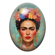 Cabochon en Verre Illustré Frida Kahlo aux Fleurs Corail sur Fond Vert 13x18, 18x25 ou 30x40mm pour la création de bijoux fantai