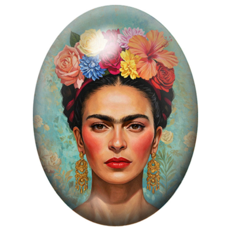 Cabochon en Verre Illustré Frida Kahlo aux Fleurs Corail sur Fond Vert 13x18, 18x25 ou 30x40mm