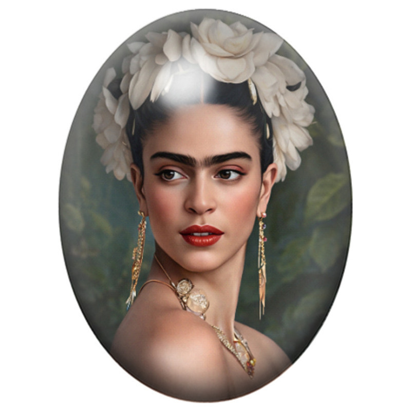 Cabochon en Verre Illustré Frida Kahlo Élégante aux Fleurs Blanches 13x18, 18x25 ou 30x40mm
