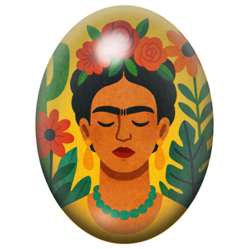 Cabochon en Verre Illustré Frida Kahlo en Illustration Naïve aux Fleurs 13x18, 18x25 ou 30x40mm