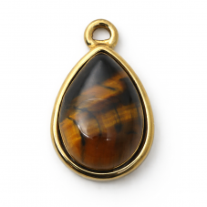Breloque Goutte Pierre Naturelle Oeil de Tigre en Acier Inoxydable Doré 19x12mm pour la Création de Bijoux Fantaisie - DIY