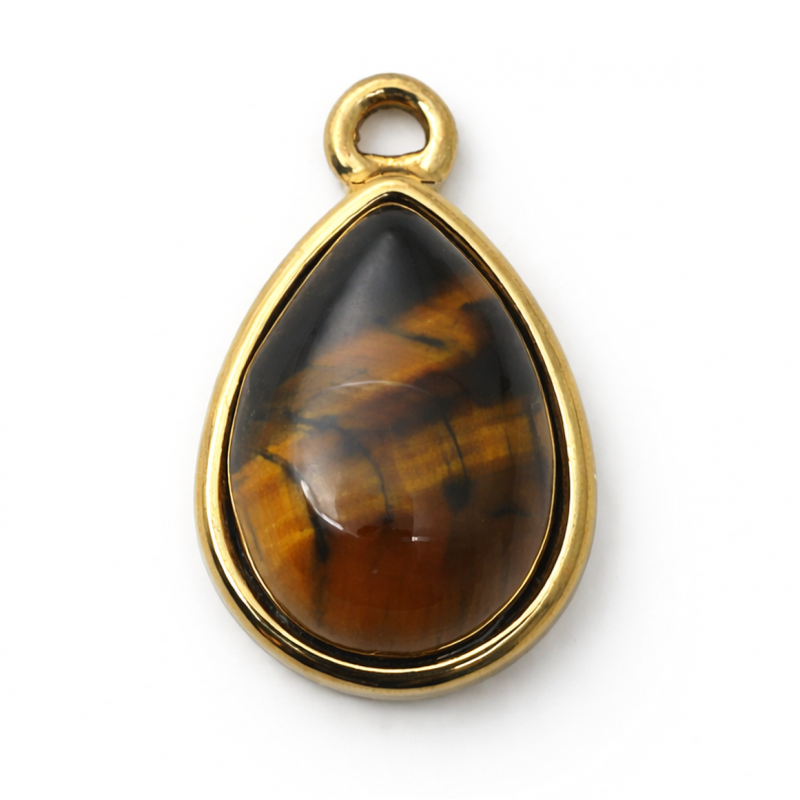 Breloque Goutte Pierre Naturelle Oeil de Tigre en Acier Inoxydable Doré 19x12mm