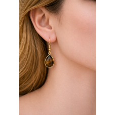 Breloque Goutte Pierre Naturelle Oeil de Tigre en Acier Inoxydable Doré 19x12mm