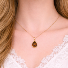 Breloque Goutte Pierre Naturelle Oeil de Tigre en Acier Inoxydable Doré 19x12mm