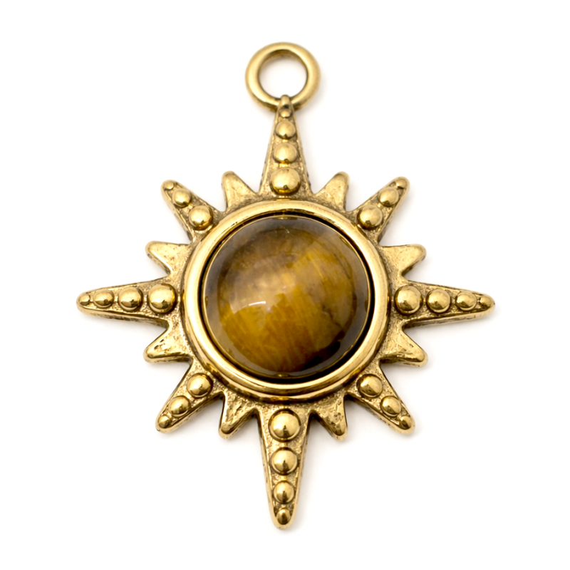 Breloque Soleil Pierre Naturelle Oeil de Tigre en Acier Inoxydable Doré 22x18mm
