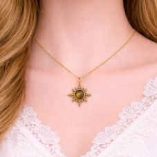 Breloque Soleil Pierre Naturelle Oeil de Tigre en Acier Inoxydable Doré 22x18mm