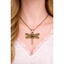 Breloque Libellule Pierre Naturelle Oeil de Tigre en Acier Inoxydable Doré 38x35mm