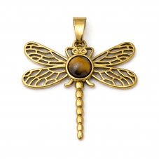 Breloque Libellule Pierre Naturelle Oeil de Tigre en Acier Inoxydable Doré 38x35mm pour la Création de Bijoux Fantaisie - DIY