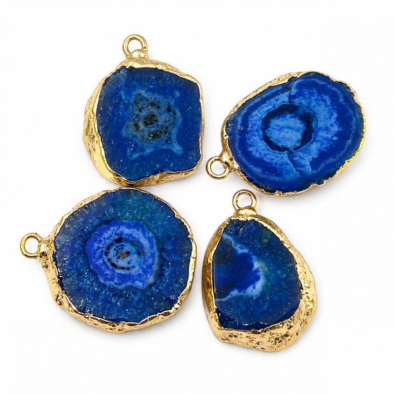 Breloque Stylisée Pierre Naturelle Agate Bleue Métal Doré 20-27mm