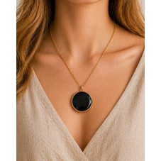 Breloque Ronde en Pierre Naturelle Obsidienne Métal Doré 30mm