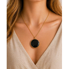 Breloque Ronde Pierre Naturelle Obsidienne Métal Doré 30mm