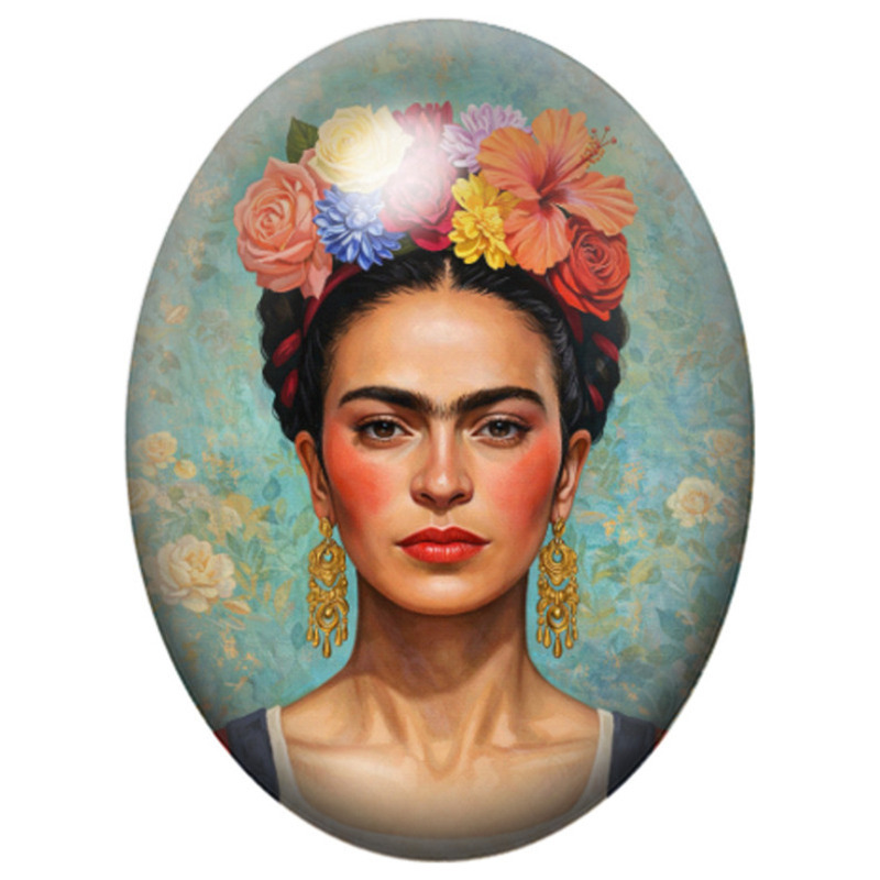 Cabochon en Verre Illustré Frida Kahlo aux Fleurs sur Fond Turquoise 13x18, 18x25 ou 30x40mm