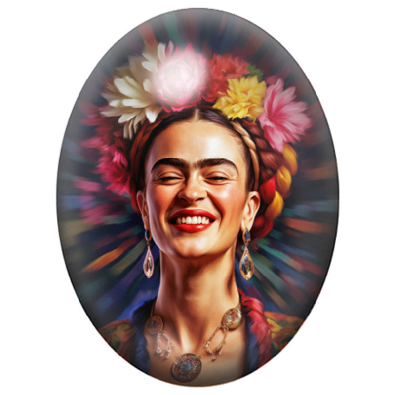 Cabochon en Verre Illustré Frida Kahlo Souriant aux Fleurs 13x18, 18x25 ou 30x40mm