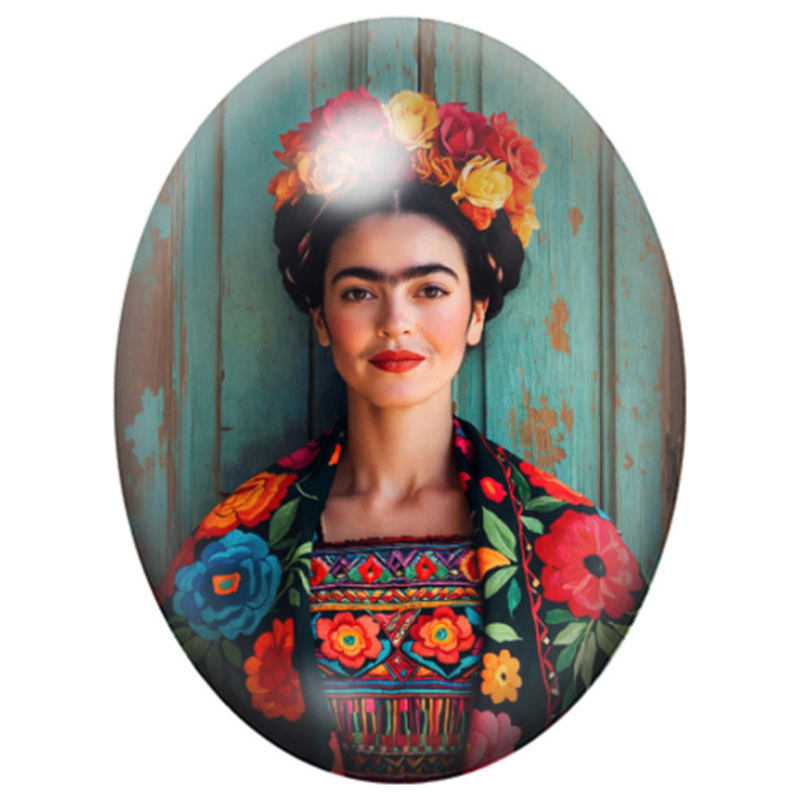 Cabochon en Verre Illustré Frida Kahlo aux Roses sur Fond Turquoise 13x18, 18x25 ou 30x40mm