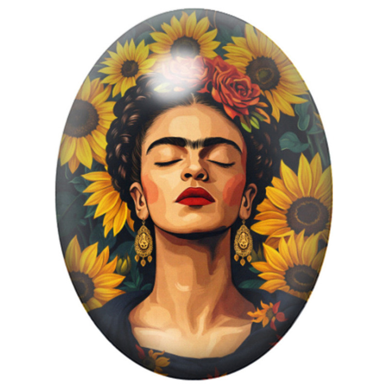 Cabochon en Verre Illustré Frida Kahlo aux Tournesols 13x18, 18x25 ou 30x40mm