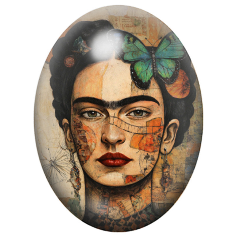 Cabochon en Verre Illustré Frida Kahlo aux Papillons 13x18, 18x25 ou 30x40mm