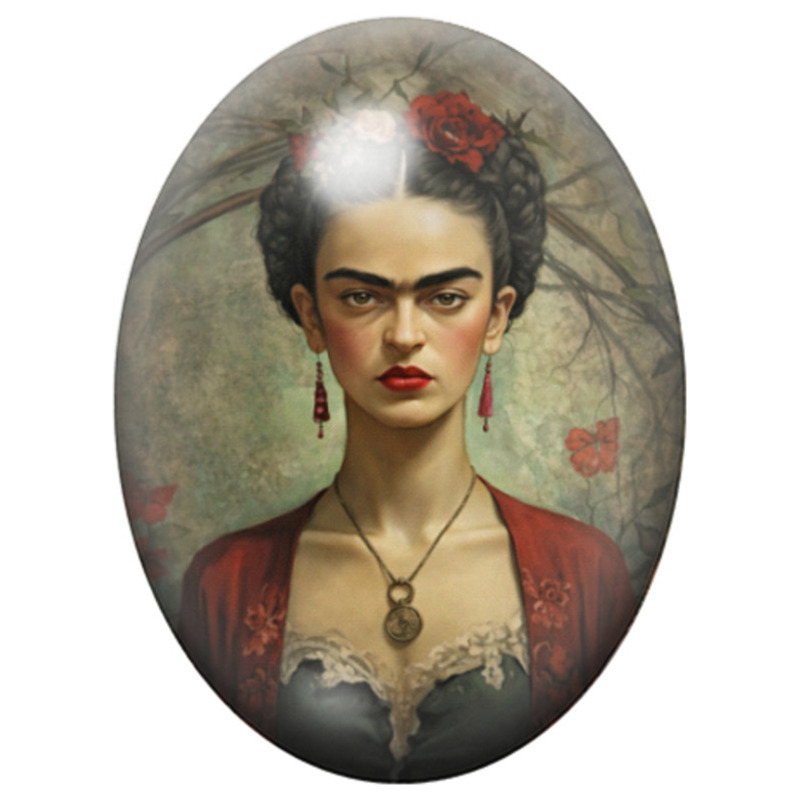 Cabochon en Verre Illustré Frida Kahlo à la Rose Rouge 13x18, 18x25 ou 30x40mm